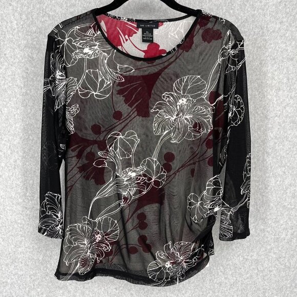 The Limited Tops - The Limited Womens Mesh Ruched Dark Floral Top Size XL Red Black 90s Grunge EUC